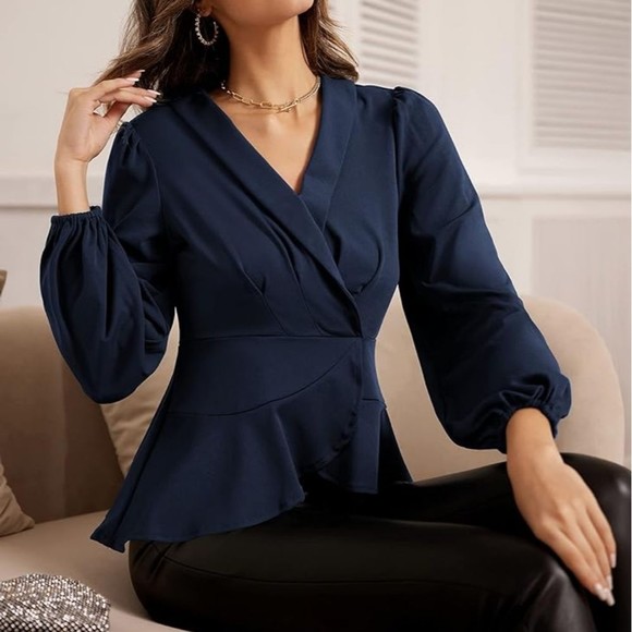 GRACE KARIN Navy Faux Wrap Peplum Top - Picture 1 of 6